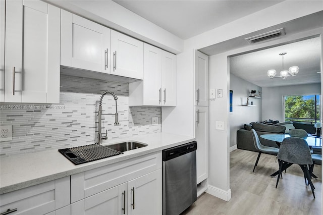 kitchen with decorative backsplash, stainless steel dishwasher, pendant lighting, light hardwood / wood-style flooring, and white cabinets