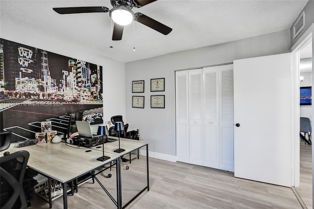 office space featuring ceiling fan, light hardwood / wood-style flooring, and a textured ceiling