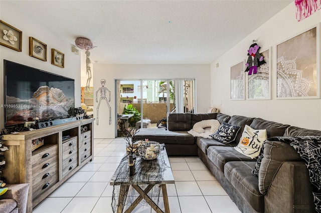 tiled living room with a textured ceiling