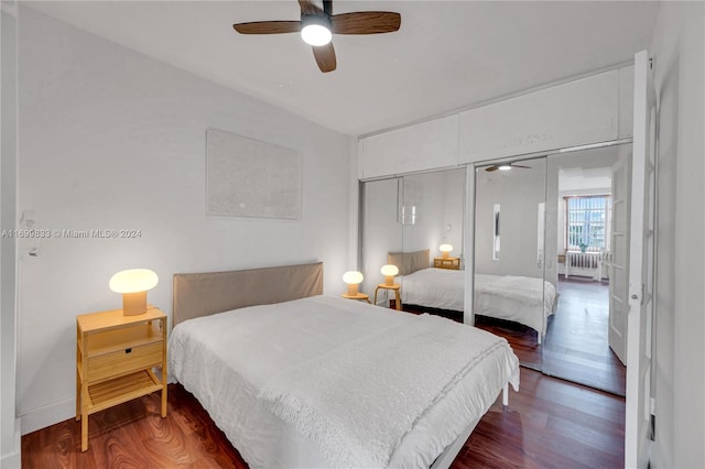 bedroom featuring ceiling fan, dark hardwood / wood-style flooring, radiator, and a closet