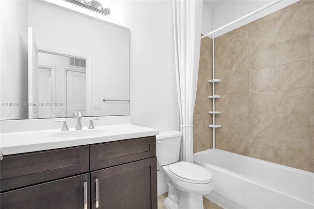 full bathroom with tile patterned flooring, vanity, toilet, and shower / bathtub combination with curtain