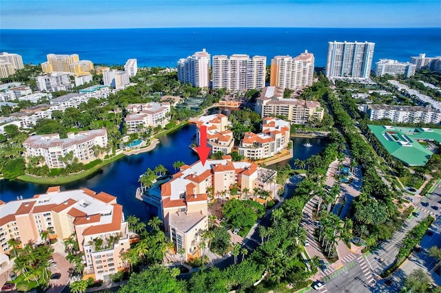 bird's eye view with a water view