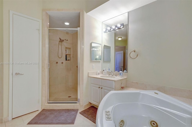 bathroom with vanity, separate shower and tub, and tile patterned flooring