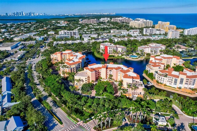 bird's eye view with a water view