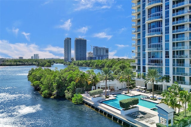 exterior space with a water view