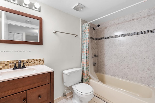 full bathroom featuring backsplash, vanity, shower / bathtub combination with curtain, tile patterned flooring, and toilet