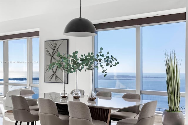 dining area with a water view