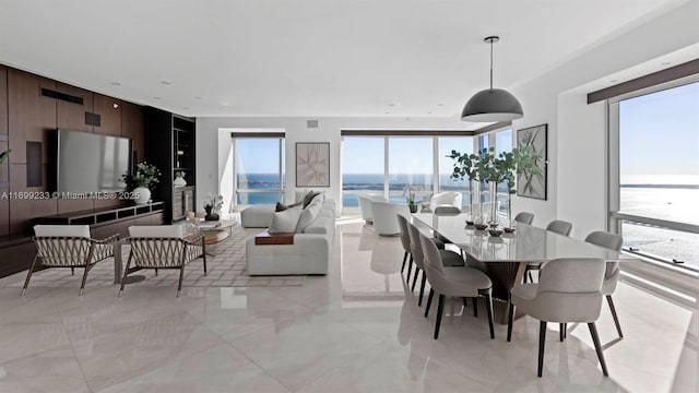 dining area with a water view