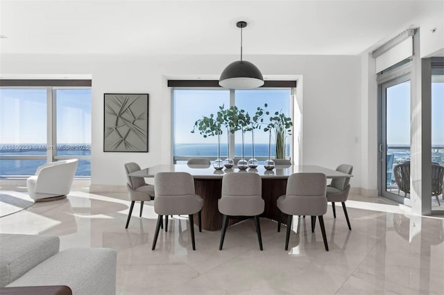 dining space featuring a healthy amount of sunlight and a water view