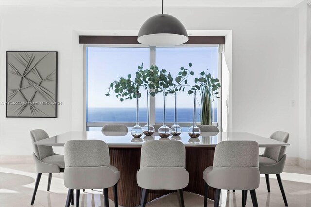 dining space featuring a water view and a healthy amount of sunlight