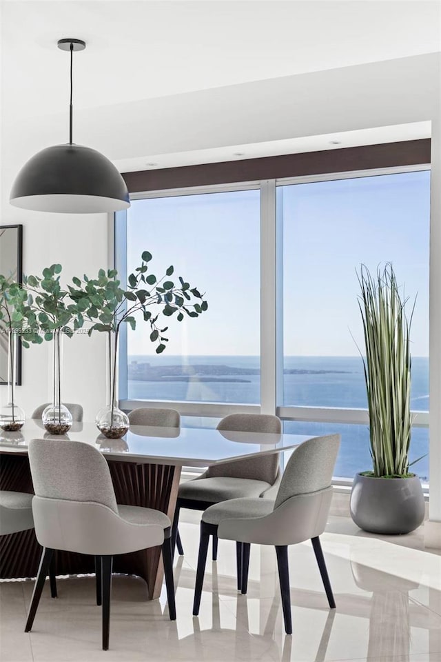 dining space with a water view and a wealth of natural light