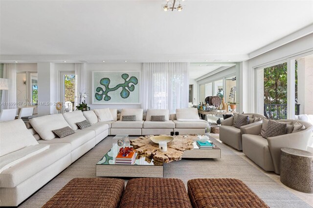 living room with a chandelier