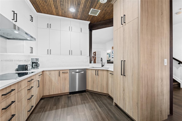 kitchen with dishwasher, sink, dark hardwood / wood-style floors, black electric stovetop, and wood ceiling