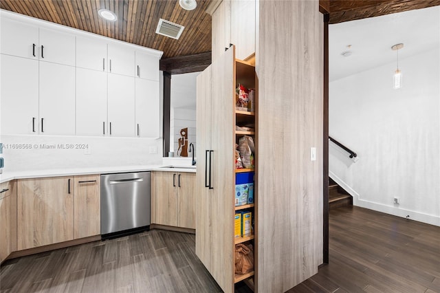 kitchen featuring dark hardwood / wood-style flooring, decorative light fixtures, stainless steel dishwasher, and wooden ceiling