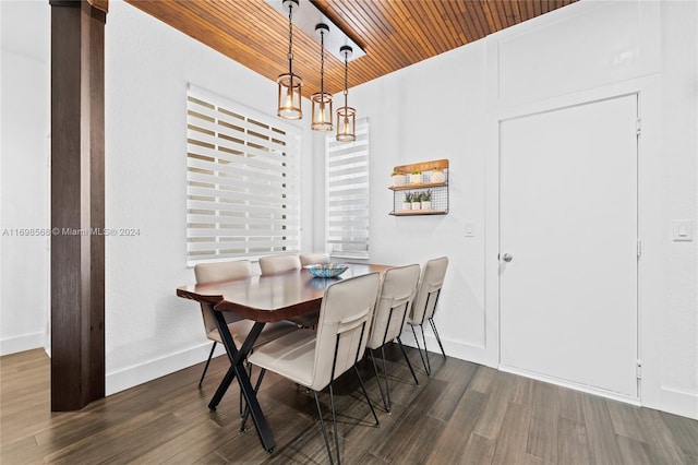 dining room with wood ceiling and dark wood-type flooring