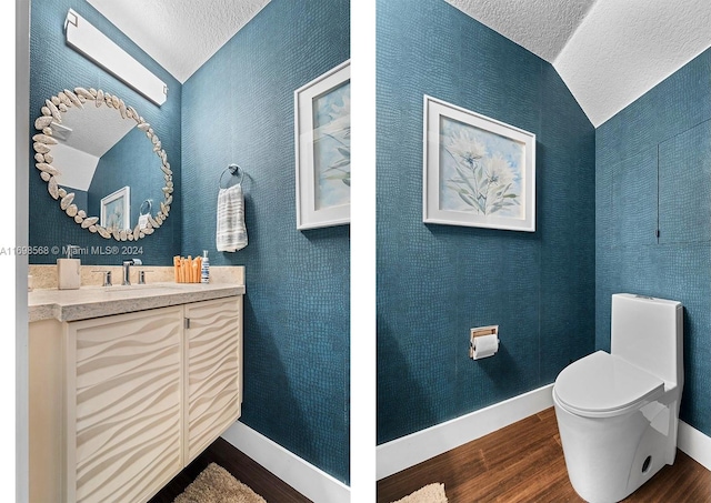 bathroom with vanity, a textured ceiling, hardwood / wood-style floors, toilet, and lofted ceiling