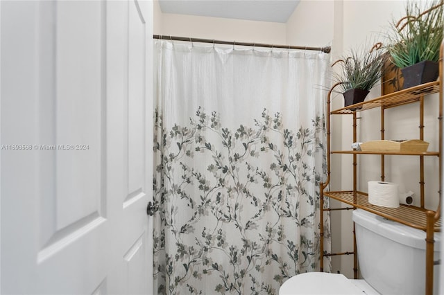 bathroom with curtained shower and toilet