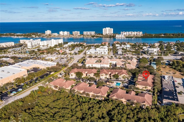 drone / aerial view featuring a water view