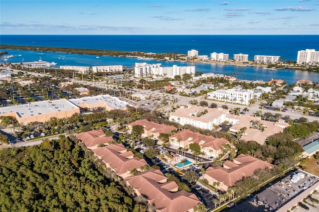 bird's eye view with a water view