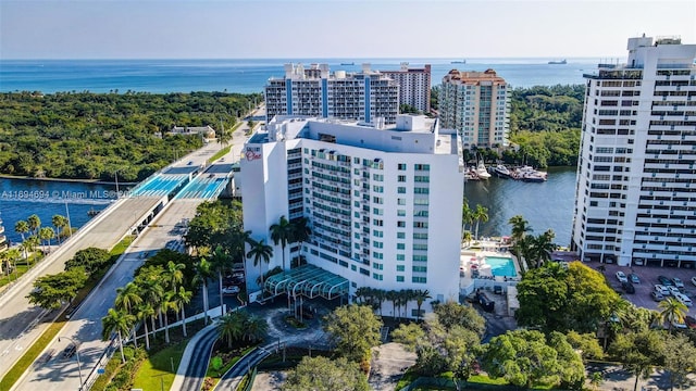 drone / aerial view with a water view