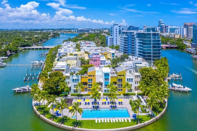 bird's eye view with a water view