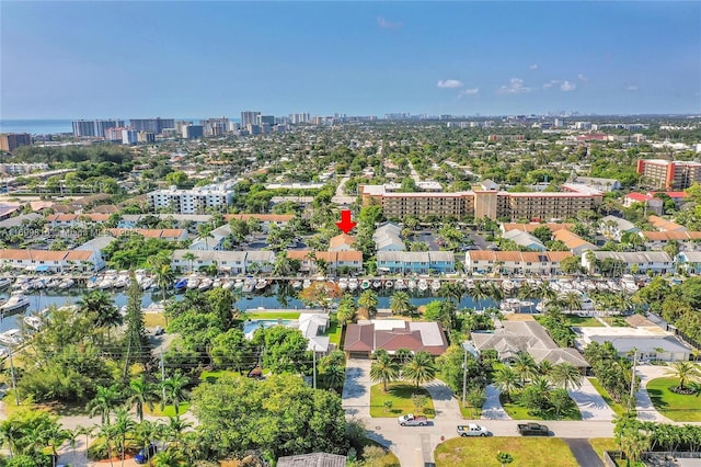 aerial view featuring a water view