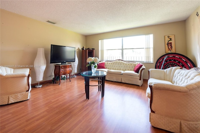 living room featuring wood-type flooring and a textured ceiling