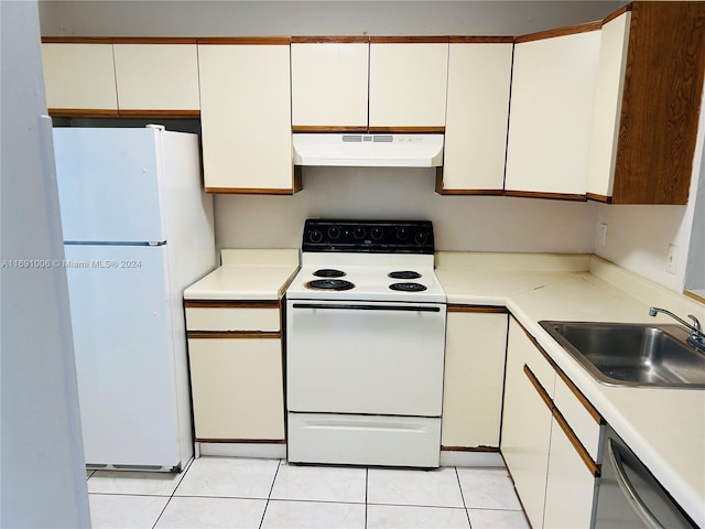 kitchen featuring white cabinetry, white appliances, sink, and light tile patterned floors