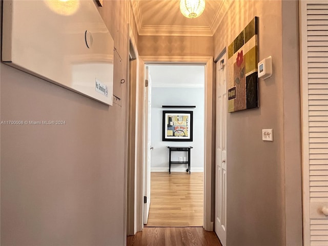 hallway with wood-type flooring and crown molding