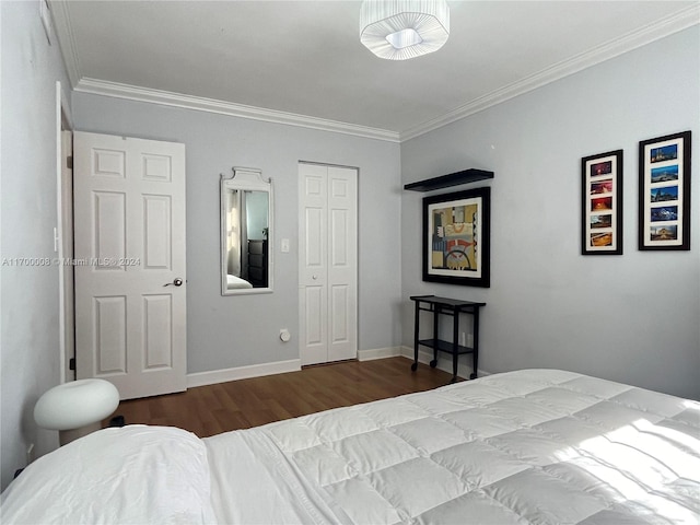 bedroom with crown molding, a closet, and wood-type flooring