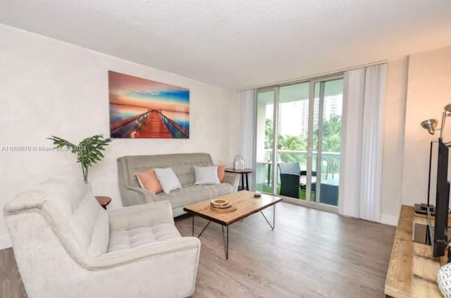 living room with wood-type flooring and a textured ceiling