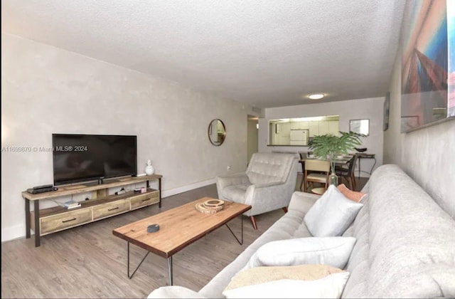 living room with a textured ceiling and hardwood / wood-style flooring