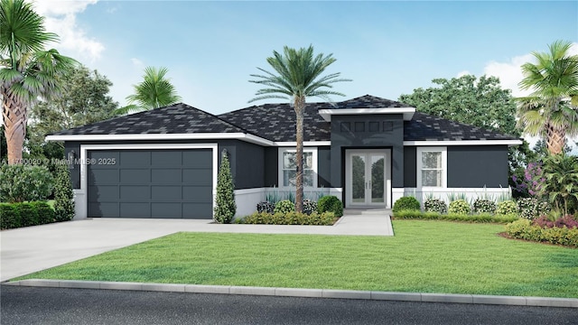 view of front facade featuring a front yard, a garage, and french doors