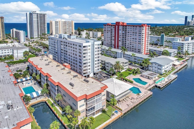 bird's eye view with a water view