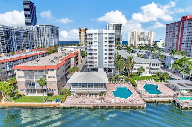 drone / aerial view featuring a water view