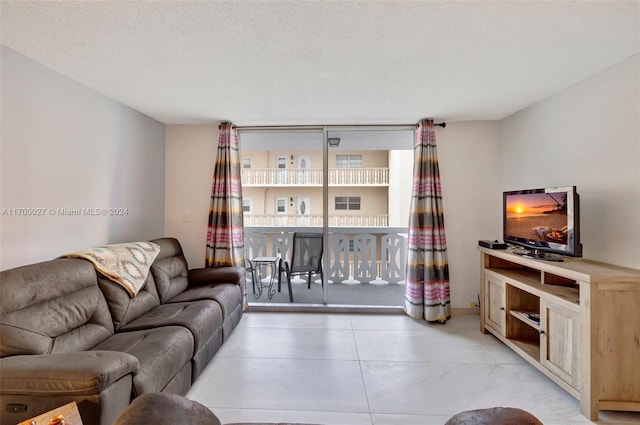 living room with a textured ceiling