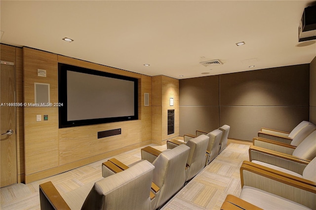 cinema room with wood walls