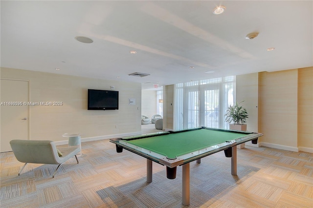 950 Brickell Bay Dr Unit 802, Miami, FL 33131 - rec room with billiards, light carpet, recessed lighting, and baseboards