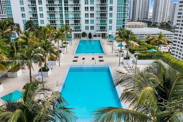 view of swimming pool featuring a patio area