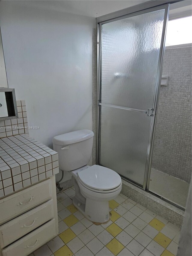 bathroom featuring vanity, toilet, and walk in shower