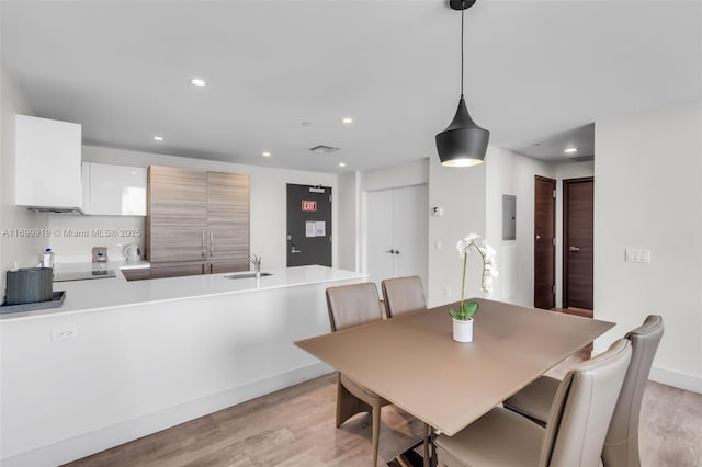 dining room featuring sink and light hardwood / wood-style flooring