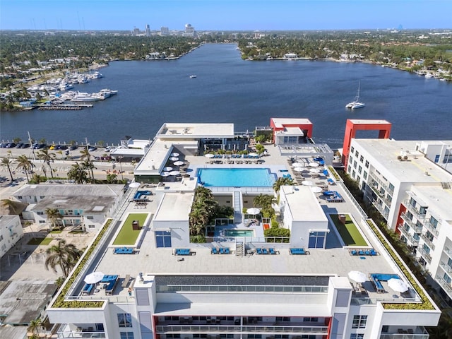 drone / aerial view featuring a water view