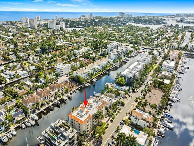 drone / aerial view featuring a water view