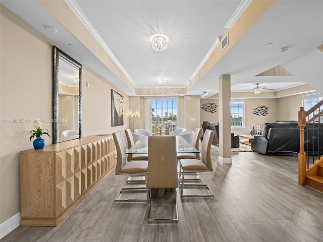 dining area featuring hardwood / wood-style flooring, ceiling fan, a raised ceiling, and crown molding