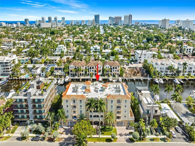 drone / aerial view featuring a water view