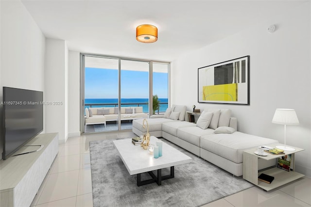 6799 Collins Ave Unit 1704, Miami Beach, FL 33141 - living room with floor to ceiling windows, light tile patterned floors, and a water view