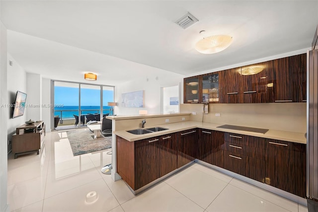 6799 Collins Ave Unit 1704, Miami Beach, FL 33141 - kitchen featuring a sink, light countertops, black electric stovetop, modern cabinets, and a wall of windows