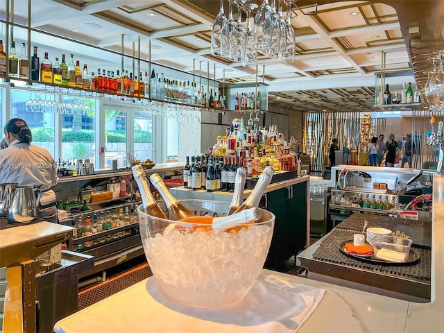 6799 Collins Ave Unit 1704, Miami Beach, FL 33141 - indoor dry bar with a chandelier and coffered ceiling