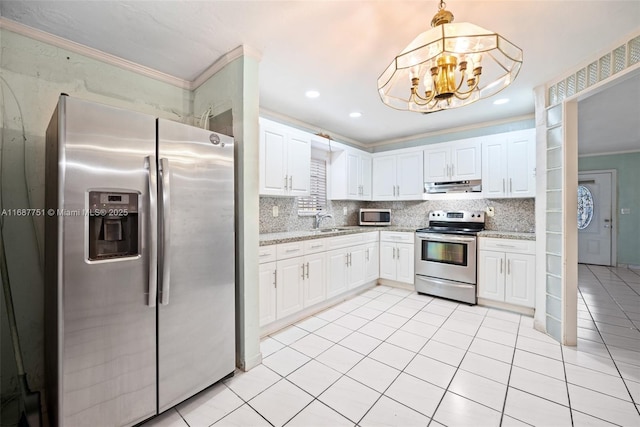 kitchen featuring a sink, stainless steel appliances, range hood, and ornamental molding