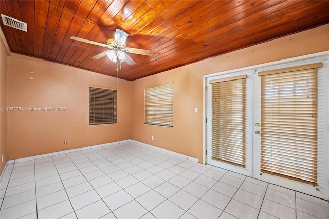 unfurnished room with visible vents, wooden ceiling, a ceiling fan, and tile patterned flooring